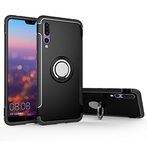Orzero TPU + PC Hybrid Dual Layer Case Compatible for Huawei P20 Pro Full Body Heavy Duty Protection 360 Rotating Metal Ring (Adsorbed Iron Plate) (Huawei P20 Pro Not Included)-Black