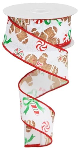 Craig Bachman 1.5 Inch Gingerbread Candy Ribbon: White (10 Yards) Durable Fabric Wired Edge for Crafting, Floral Arrangements, Gift Wrapping, Christmas Tree, and Decorative Wreath Bow Making