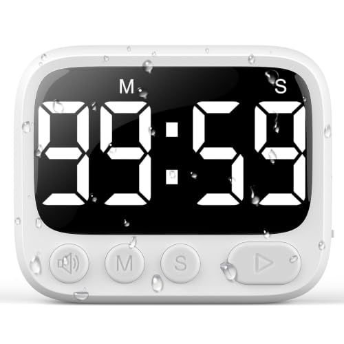 HAUKINIX Shower Timer Waterproof Bathroom Toilet Timer Digital Kitchen for Wall Mount Study w/Foldable Stand Countdown Stopwatch w/Suction Cup for Swim Rechargeable White