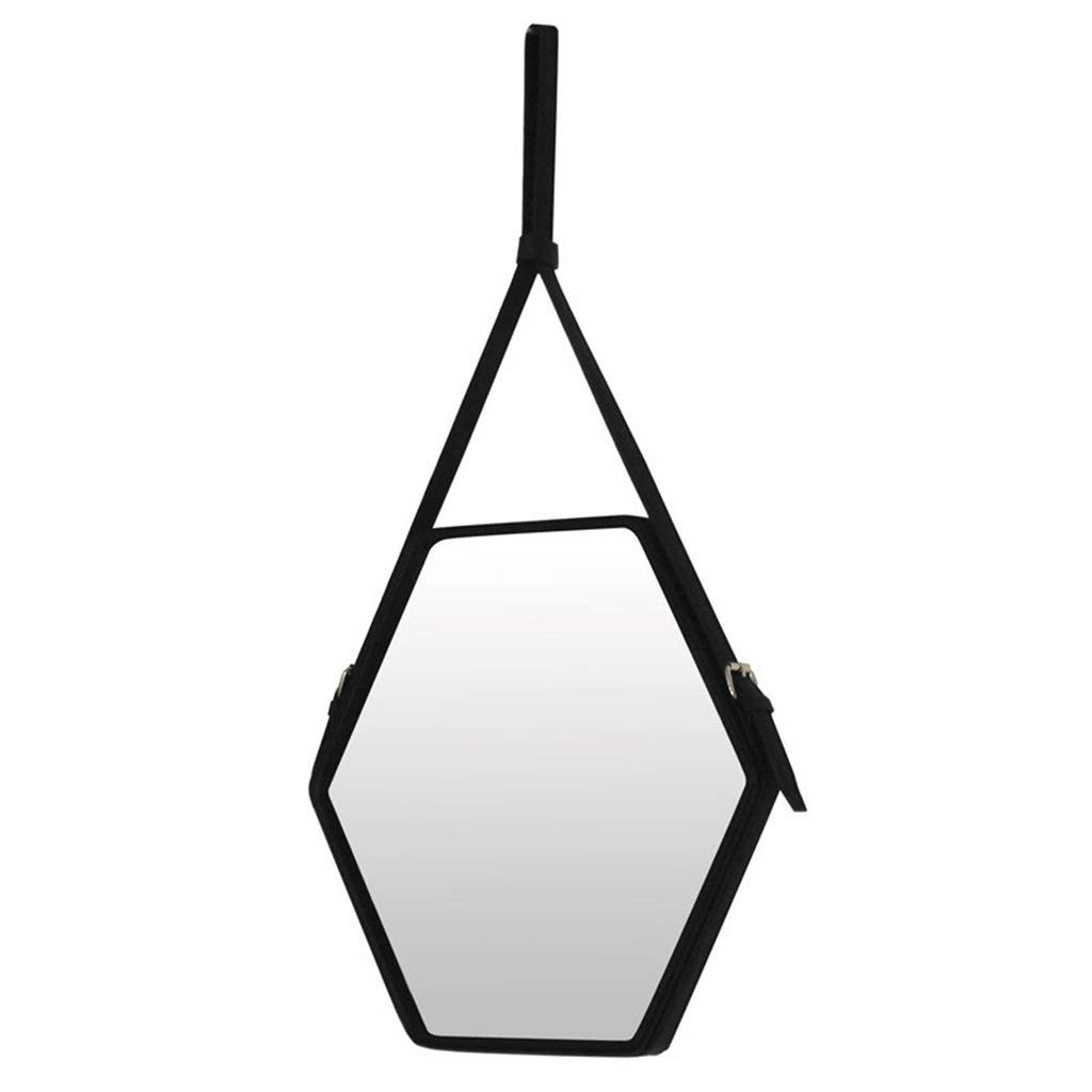 Miroir mural en cuir PU hexagonal avec attaches ajustables pour une décoration raffinée