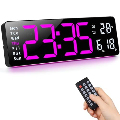 Fuloon Despertador Digital con Control Remoto, 16" Reloj de Pared LED Digital con Luces Nocturnas, 8 Colores RGB, Timer Cronómetro, Regulable, Grande Reloj Despertador con Fecha,Hora,Temperatura