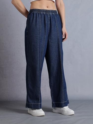 Image of INKD Women's Wide Leg Jeans- 100% Cotton | Mid-Rise | Elasticated Waistband | Pintuck Details | Comfort Fit | Palazzo Pants for Women | Lightweight Denim for Summers (Available in Plus Sizes)