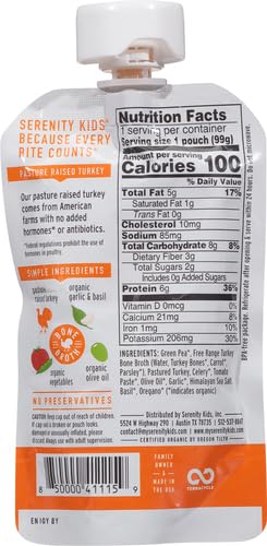 Image of Serenity Kids Bone Broth Puree Made With Organic Veggies | Clean Label Project Purity Award Certified | 3.5 Ounce BPA-Free Pouch | Free Range Turkey Bolognese | 1 Count (Pack of 3)