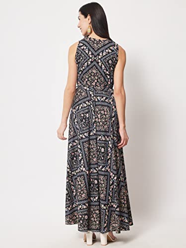 Image of Rudraaksha Women's Printed Maxi Dress Sleeveless Fit & Flare Long Dress || Western Dress for Women || Stylish Maxi Dress Dress || Summer Dress || Boho Printed Dress for Women