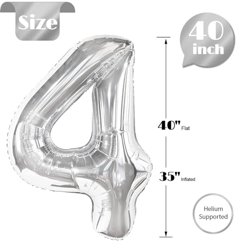 Image of Silver 4 Balloon, Number Balloons 40 Inch, 4th Silver Party Decorations, Four Large Numbers for Party Decor, Number 4 Balloon