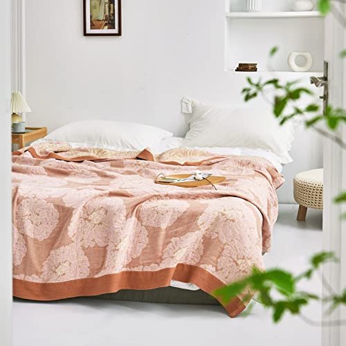 Decmay Pink Muslin Floral Blanket Throw 5-Layer Cotton Soft Blanket For Bed Couch Sofa Sofa, All Seasons Bedspread Coverlet (60" X 80") #TOP2