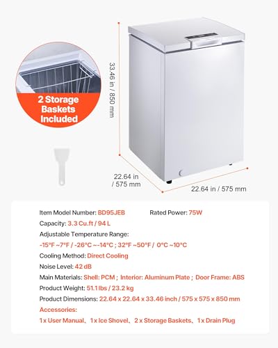 Image of VEVOR Chest Freezer, 3.3 Cu.ft Compact Deep Freezer, Free Standing Top Open Door Chest Freezers with 2 Removable Baskets & Adjustable Thermostat - Energy Saving, Low Noise & Garage Ready, White
