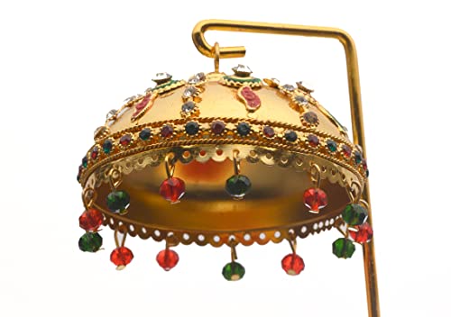 Image of Metal Umbrella Chhatra with Hanging Crystals - Decorative Chatri for God Idol, Car Dashboard, Office Desk, Table, Or Home Temple - M 55