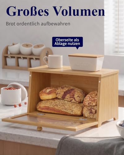 Kitsure Bambus-Brotkasten, Brotbox mit Acrylfront, 38 × 21 × 23 cm, Natur – Ansicht 3