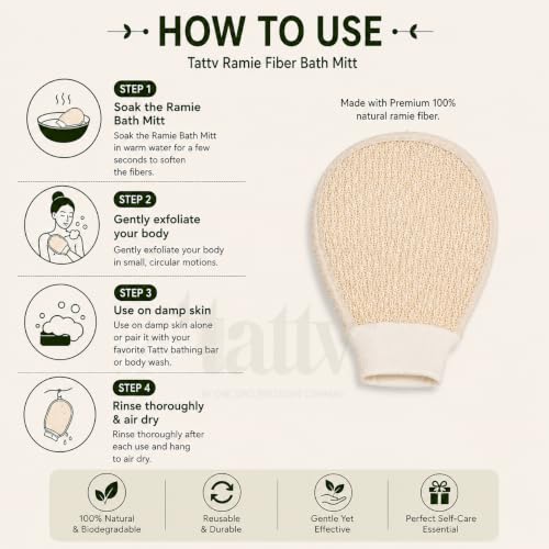 Image of Ramie Fiber Bath Mitt (Bath Glove) | Beige Natural Handheld Body Scrubber | Easy-to-Use Daily Bath Accessory for Gentle Cleansing | Eco-Friendly & Comfortable Design - Pack of 1