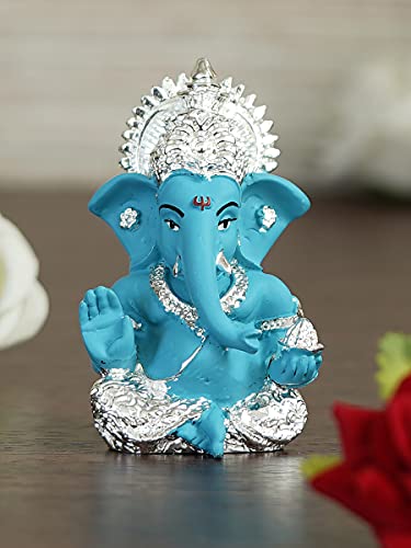Image of eCraftIndia Silver Plated Blue Polyresin Lord Ganesha Idol for Home, Temple, Office, and Car Dashboard - Perfect God Idol for Diwali, Ganesh Chaturthi, and Hindu Festivals, Ideal for Gift Giving