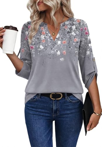 Image of XIEERDUO 3 /4 Length Sleeve Womens Tops V Neck T Shirts Both Side Buttons Blouses Business Casual Outfits Loose Fit