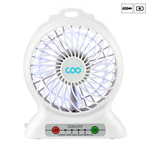 Mini Ventilador USB, COO Mini USB Ventilador de Mesa Recargable con Luz de Flash, Ventiladores de Escritorio Mesa para la Sala Ordenador Portátil Oficina Viaje y al Aire Libre etc (Blanco)