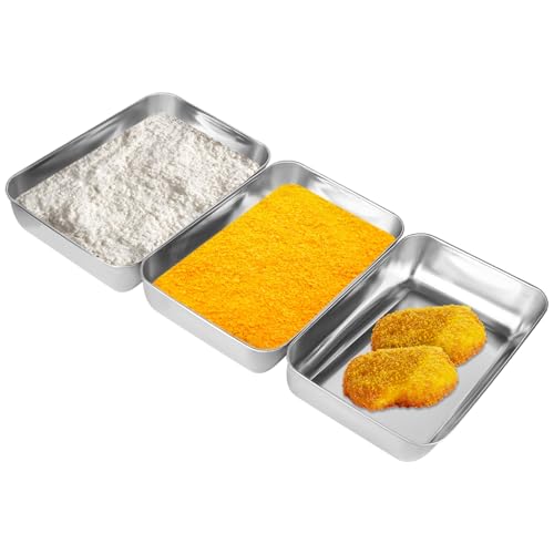 elthmpr Conjunto de 3 tigelas de empada de aço inoxidável, 25 x 20 x 5 cm, retangular, para empanar, rua, aço inoxidável, bandeja retangular para carne, peixe e legumes
