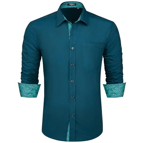 Image of HISDERN Mens Dress Shirts Long Sleeve Button Down Casual Shirts for Men Inner Contrast Formal Business Tuxedo Wedding Shirt
