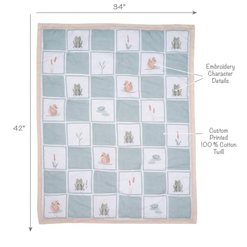 Image of Lambs & Ivy Froggy & Friends Embroidered 3-Piece Baby Crib Bedding Set | Includes luxury patchwork quilt, 100% cotton fitted crib sheet, and crib skirt.