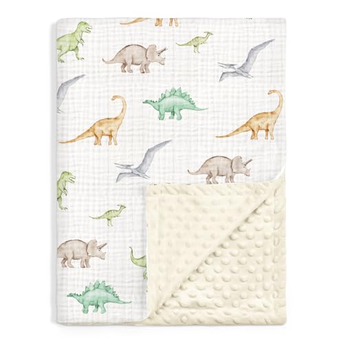 Image of Dinosaur Baby Blankets for Boys, Newborn, Soft Nursery Minky Blankets with Muslin and Dotted Fleece Back 30x40 inches, Receiving Bed Quilt for Infants, Toddlers
