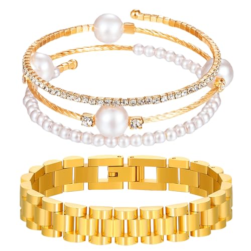 DOSMINE Link Bracelet Adjustable Watch Band Chain Faux Pearl Diamond Tennis Bracelets Gold Jewelry