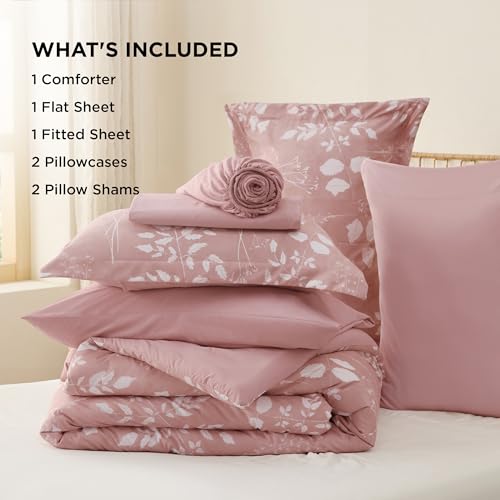 Image of Bedsure Rose Pink Queen Comforter Set - 7 Pieces Floral Bedding Sets Queen Bed in a Bag with Reversible Botanical Flowers Comforter, Sheets, Pillowcases & Shams