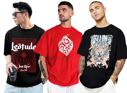Image of LEOTUDE Men's Cotton Trendy Oversized Round Neck Printed T-Shirt Combo (Pack of 3)
