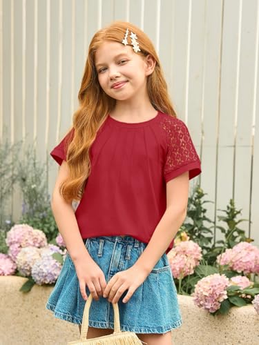 Image of Girls Pleated T Shirts Kids Fashion Lace Sleeve Summer Tops 5-14 Years | Casual Crewneck Blouse,Fashion Clothes