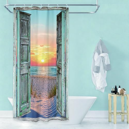 Image of Riyidecor RV Small Half Beach Shower Curtain 36Wx72H Inch Stall Narrow Seaside Ocean Barn Door Curtains Sea Scenery Rustic Single Bathroom Laundry Decor Fabric Polyester Waterproof 7 Pack Hooks