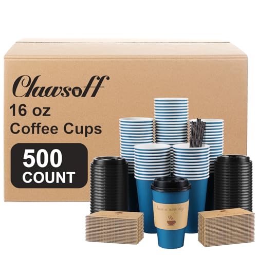 Clawsoff 500 Pack 16 oz Paper Coffee Cups with Lids (Navy)