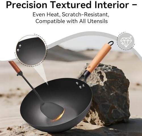 WANGYUANJI 11.8 Inch Iron Wok with Glass Lid, Flat Bottom Stir Fry Pan with Wooden Handle, Non-Coated Naturally Nonstick Skillet, Traditional Chinese Wok for Gas, Electric & Induction Cooking - Thumbnail 4