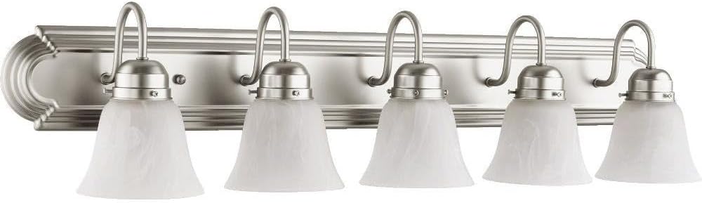 5-Light Bathroom Light with Clear Seeded Bell-Shaped Glass Shades with Oiled Bronze Back Plate 36 inches W 8 inches H-Satin Nickel Finish-Fau Alabaster Glass Color 183-Bel-3400023