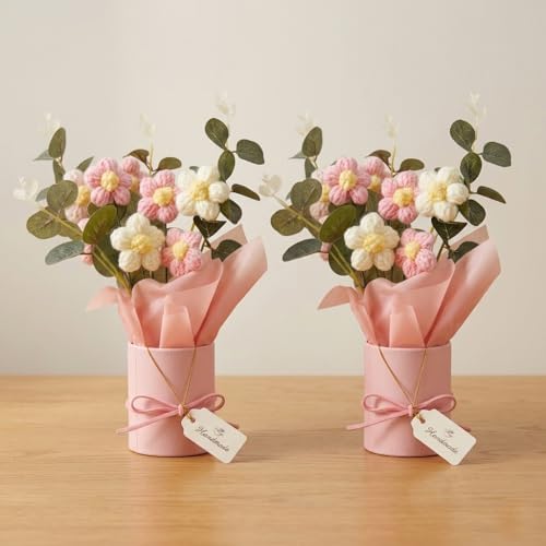 Image of Panchhi Store Handmade Crochet Flower Bouquet in Pink Vase, Aesthetic Room Decor for Bedroom, Unique Birthday Gift for Women & Girls, Anniversary Couple, Boho Artificial Table Decoration Items 2 pcs