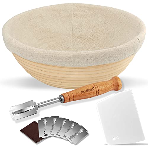Anaeat 23 cm / 9 inch Bread Banneton Proofing Basket Set - 100% Natural Rattan Round Sourdough Proofing Basket with Bread Lame, Dough Scraper and Linen Liner Cloth for Professional & Home Bakers