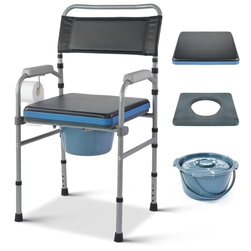 Medwarm Folding Bedside Commode, Height Adjustable Toliet Chair for Seniors with Padded Seat and Arms, Portable Potty Shower Chair for Elderly Handicap Adult by Medwarm - Used condition - US$69.99