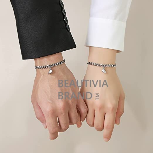 Image of Magnetic Couple Bracelets, 2 Pcs Adjustable Cuban link Chain Magnetic Heart Hand In Hand Bracelets Stainless Steel Matching Promise Best friend, Couples Bracelets for Friendship Love Boyfriend Girlfriend Women Men Gifts