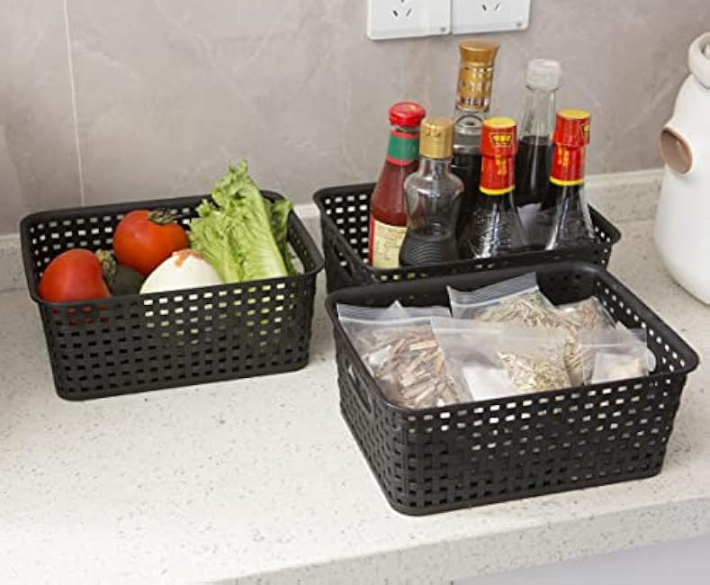 Black Plastic Woven Storage Baskets, 6-Pack Weave Basket Organizer for Kitchen Office Bathroom