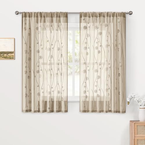 HOMEIDEAS - Cortinas transparentes de cocina de 52 x 54 pulgadas de largo, 2 paneles de línea ondulada bordada beige con patrón en espiral, cortinas cortas para recámara, cuarto...