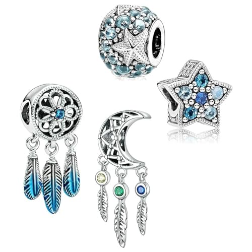 Confezione da 4 ciondoli per braccialetti Pandora, in argento Sterling 925, con zirconia cubica, stella marina oceanica, acchiappasogni, piume, nappe, pendenti fai da te, regalo per donne e ragazze