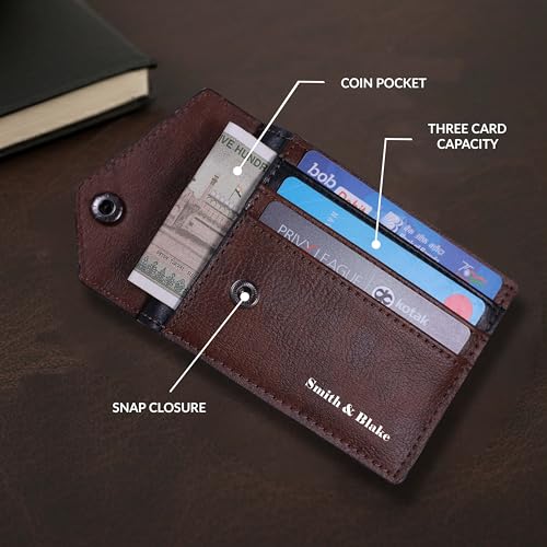 Image of Smith & Blake - Credit Card Holder Wallet for Men and Women - 3 ATM Card Slots - Snap Button Pocket - Back Pocket - Brown Premium Leatherette - Prospero