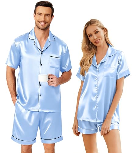 Image of Ekouaer Couple Matching Pajamas Sets Silk Short Sleeve Button Down Sleepwear Satin Pjs Shorts Set Soft Loungewear S-XXL