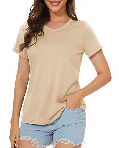 Womens V Neck Tee Short Sleeve Dry-Fit Athletic Moisture Wicking T-Shirt Stretch Breathable Sports Summer Top, Light Apricot, M #TOP5