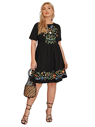 Romwe Women's Plus Size Casual Floral Print Short Sleeve A Line Flared Skater Dress Black 2Xl #TOP25