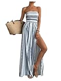 SOLY HUX Women's Boho Printed Tube Top Romper Strapless High Split Wide Leg Vacation Jumpsuits Blue Geometric Medium