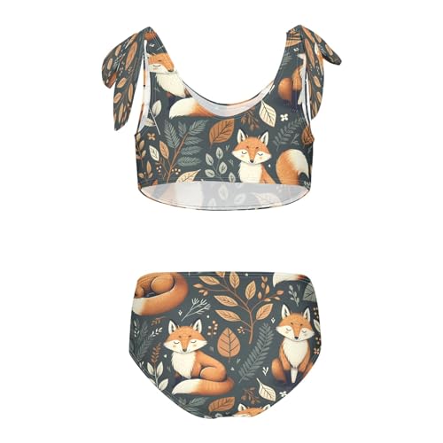 Girls' Bikini Set, Fox and Leaves Kids Swimsuit 2 Pcs Beach Bathing Suit2