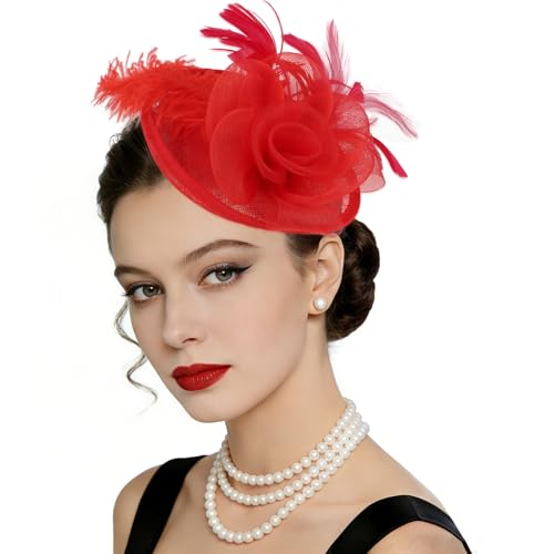AMCAMI Fascinators Hats with Feather for Women 2026 Derby Hats Tea Party Hat with Headband and Clip Red
