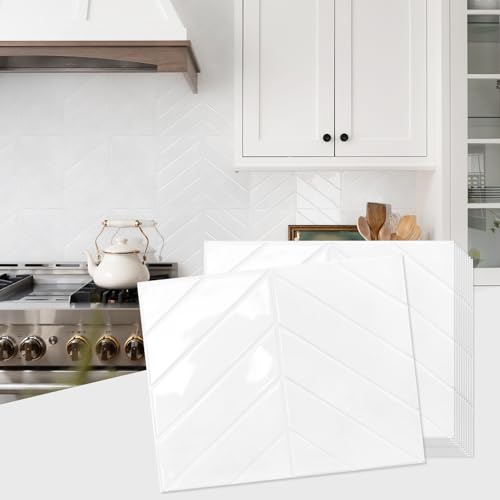 STICKGOO 10 Sheets Thicker Herringbone Peel and Stick Backsplash, 12.6”×9.7” Stick on Wall Tiles, Self Adhesive Tile Sticker for Kitchen Backsplash and Bathroom, Pure White