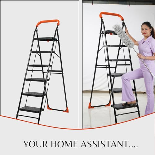 Image of BRANCO Heavy Duty Folding Ladder with Wide Steps | Lifestyle 6 Steps Foldable Ladder | Slip-Resistant | High Strength Long Durable for Home, Kitchen | (Black & Orange)