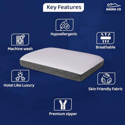 Image of GADDA CO Orthopedic Flat Memory Foam Pillow for Sleeping | Neck & Shoulder Pain Relief | Flat Memory Foam Pillow | Ergonomic Support with Removable Zipper White & Grey Jacquard Cover | 21x15x5 Inch