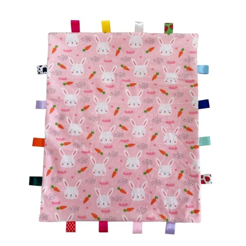 Image of Baby Tag Blanket, Soft & Warm, Pink, Cartoon Animal Theme, Sensory Tags, 55x45CM /21.7x17.7INCHES