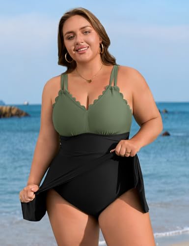 Image of Charmo Plus Size Bathing Suit for Women One Piece Swimdress Tummy Control Ruched Swimsuits Scalloped V Neck Swimwear Army Green Black 3X
