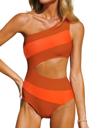 Image of CUPSHE Women One Piece Swimsuit One Shoulder Bathing Suit Cutout Monokini | Removable Soft Cups, Color Block, Classic Bum Coverage, Swim Suit For Beach Vacation Cruise Pool Party