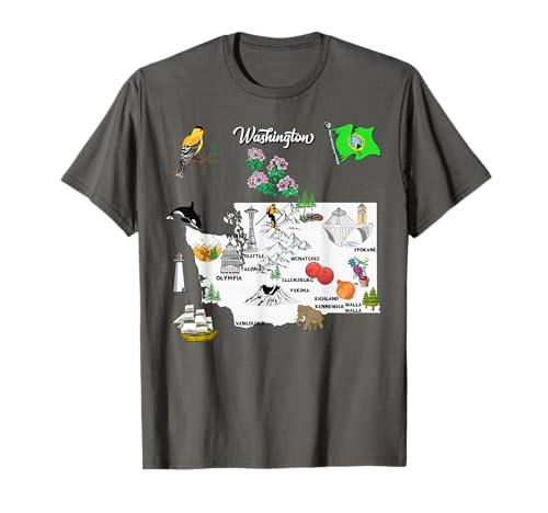 Illustrated Map of Washington State in the USA Cities T-Shirt